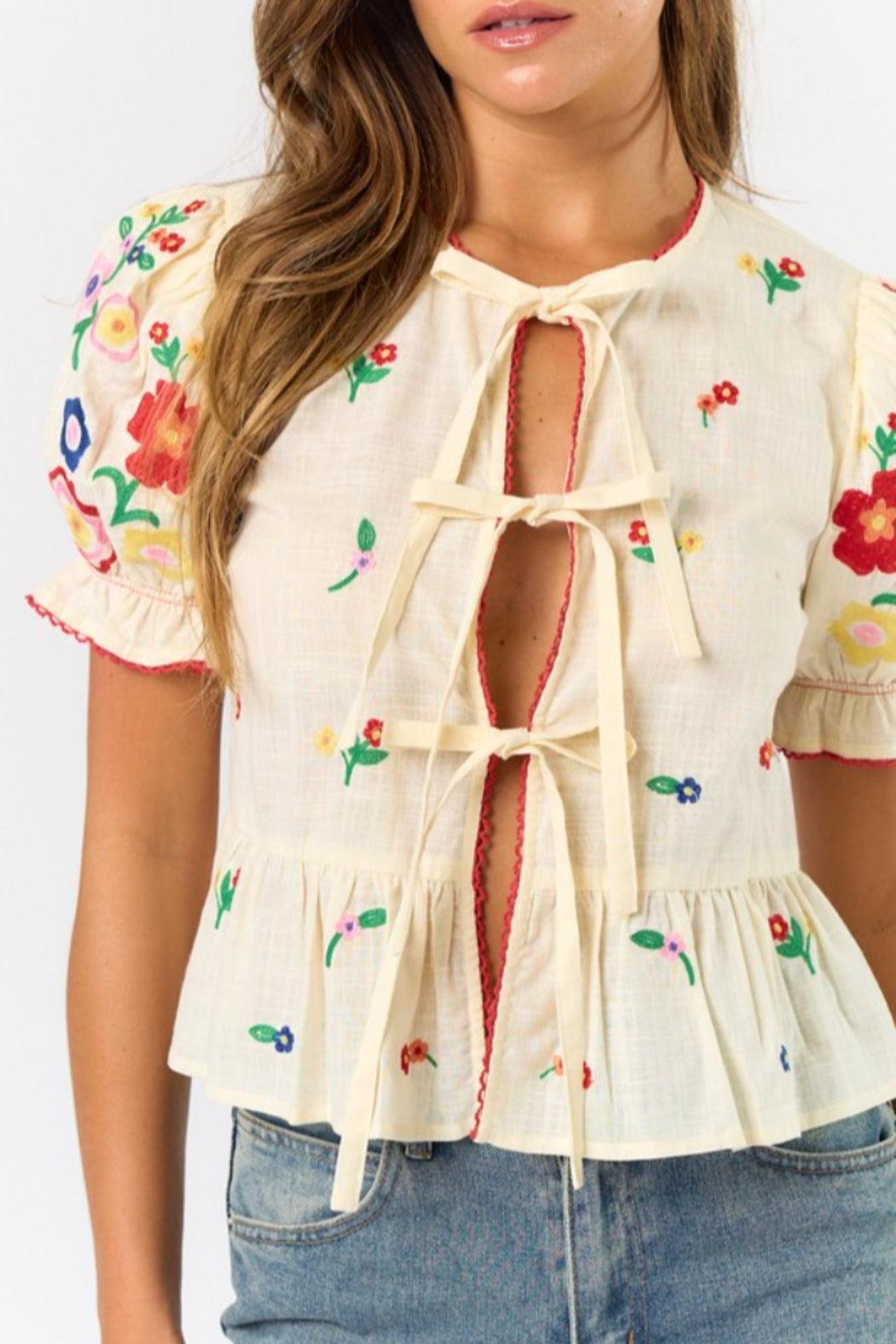Embroidered Tie Front Shirt Product Image