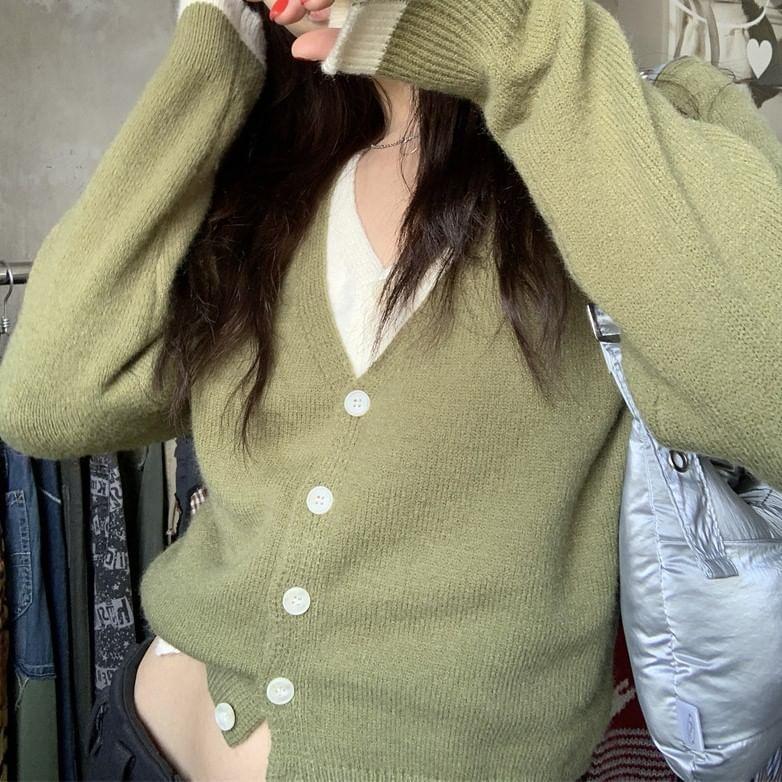 Mock Two-Piece Long-Sleeve V-Neck Two Tone Button Crop Knit Top Product Image