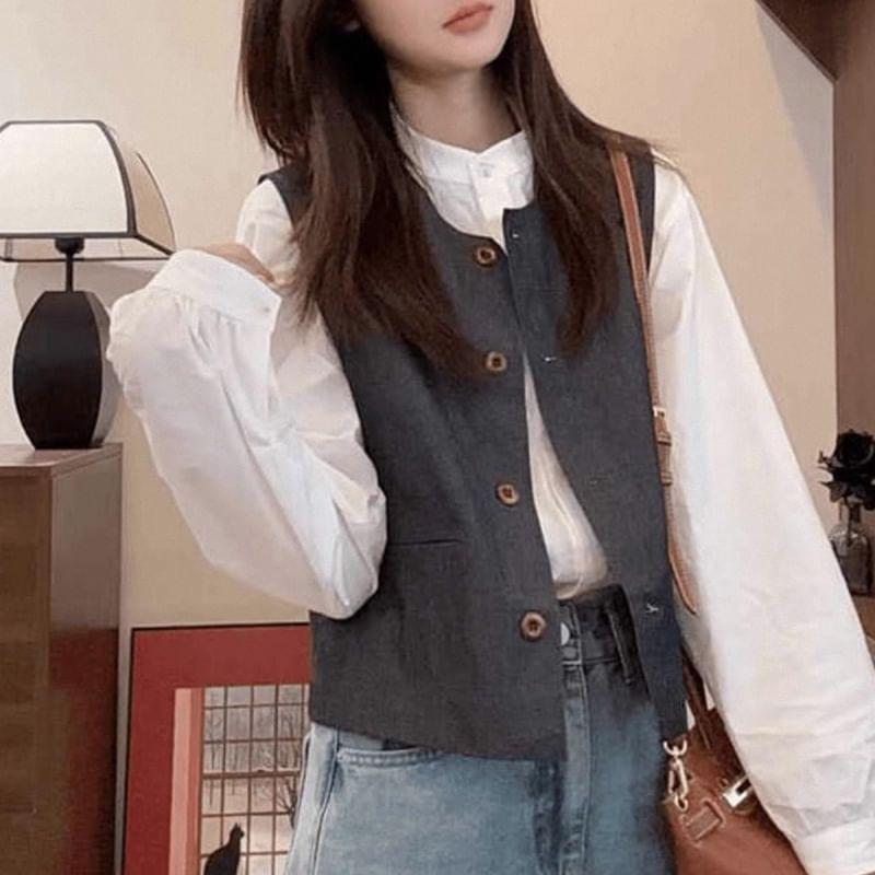Long Sleeve Band Collar Plain Shirt Product Image