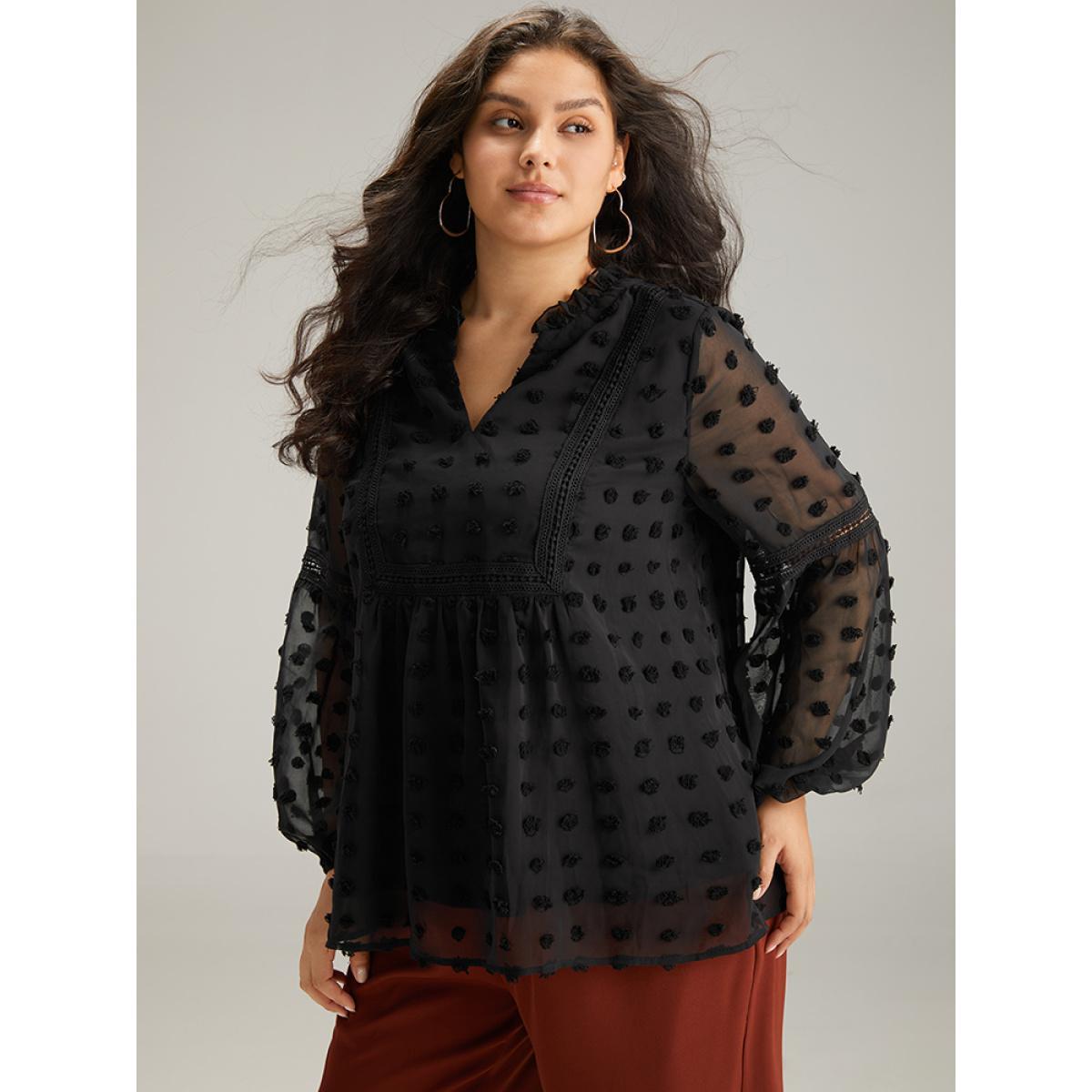 Plus Size Black Polka Dot Frill Trim Mesh Blouse Women Elegant Long Sleeve Notched collar Dailywear Blouses BloomChic 28/5X Product Image