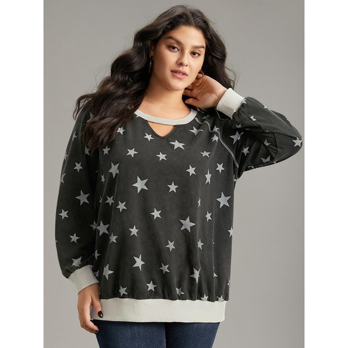 Plus Size Star Print Keyhole Rib Knit Hem Sweatshirt Women Black Casual Elastic cuffs Keyhole Cut-Out Dailywear Sweatshirts BloomChic 18-20/2X Product Image