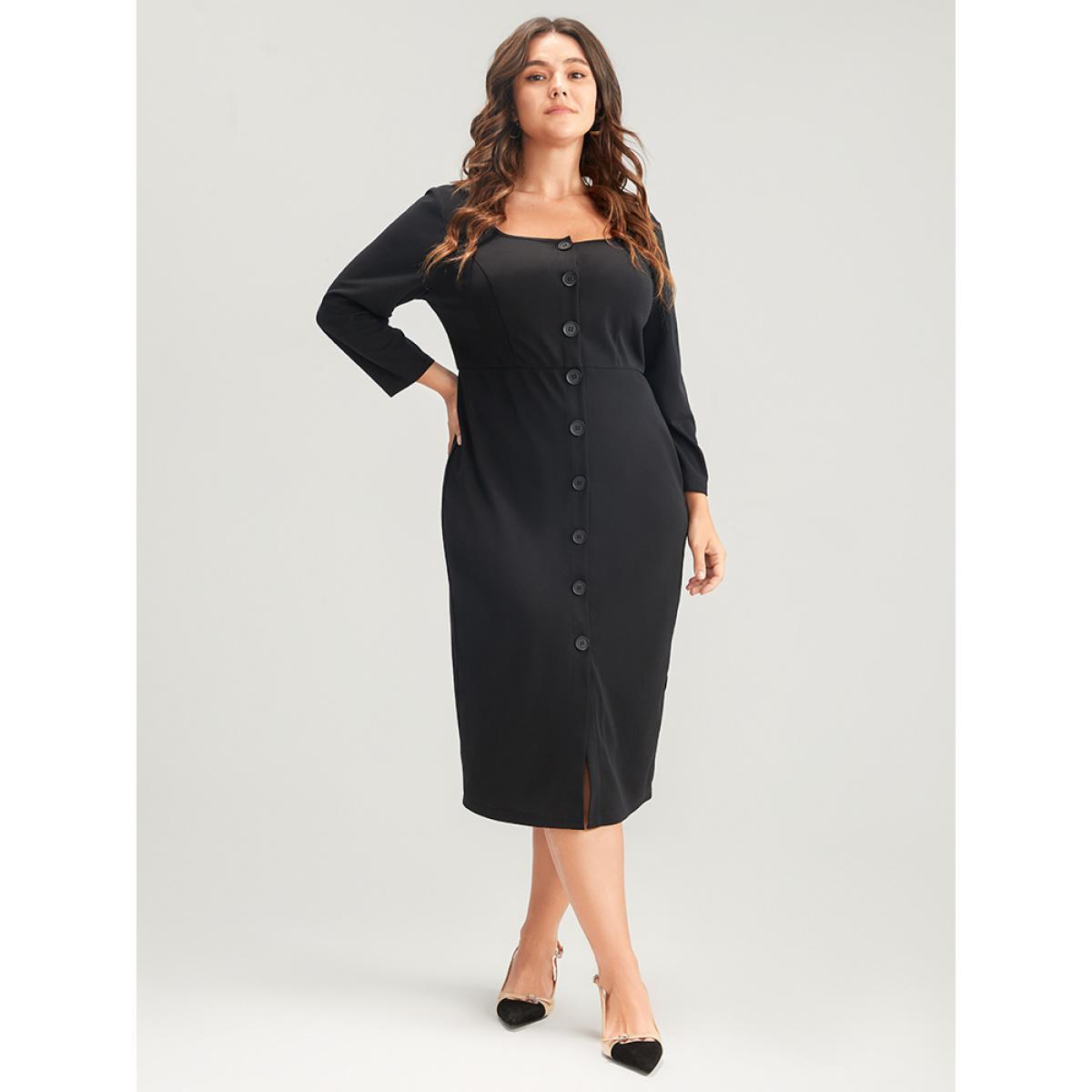 Plus Size Solid Square Neck Button Up Bodycon Midi Dress Black Women Office Button Square Neck Elbow-length sleeve Curvy Midi Dress BloomChic 18-20/2X Product Image