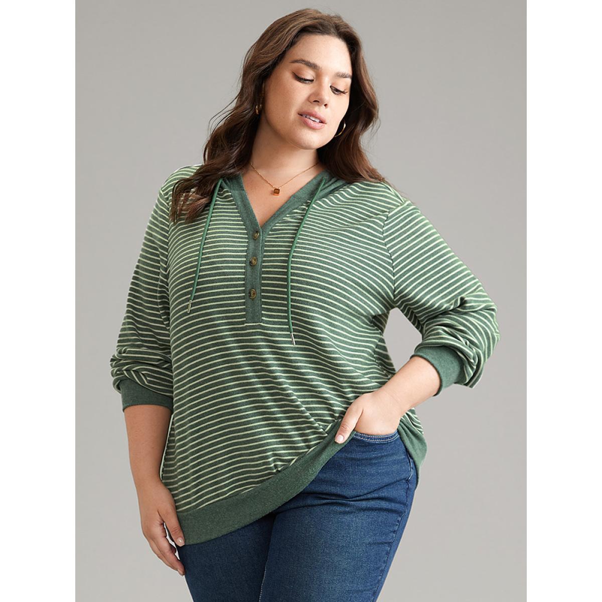 Plus Size Striped Hooded Drawstring Button Up Fluffy Sweatshirt Women Green Elegant Button Hooded Dailywear Sweatshirts BloomChic 22-24/3X Product Image