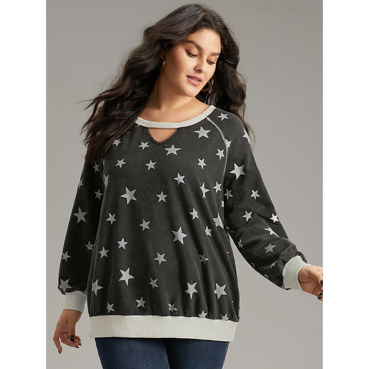 Plus Size Star Print Keyhole Rib Knit Hem Sweatshirt Women Black Casual Elastic cuffs Keyhole Cut-Out Dailywear Sweatshirts BloomChic 18-20/2X Product Image