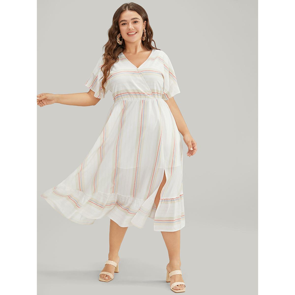 Plus Size Striped Contrast Flutter Hem Dolman Sleeve Pocket Split Wrap Dress Ivory Women Vacation Contrast V-neck Short sleeve Curvy Midi Dress BloomChic 22-24/3X Product Image