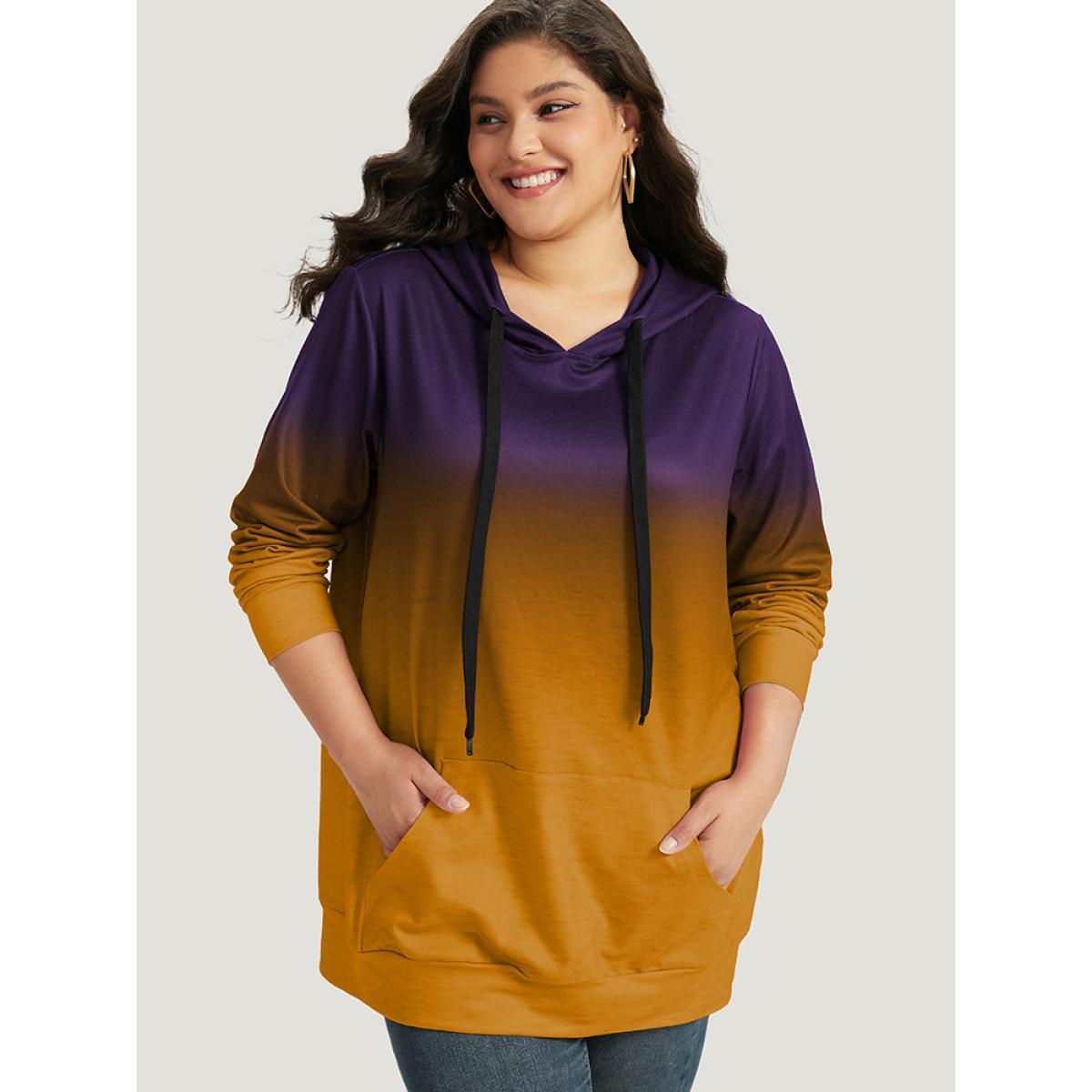 Plus Size Ombre Pocket Drawstring Hooded Sweatshirt Women Blackcurrant Casual Elastic cuffs Hooded Everyday Sweatshirts BloomChic 28/5X Product Image