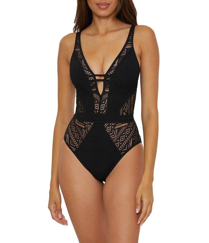 Becca By Rebecca Virtue Color Play Show & Tell Crochet Plunge Neck One Piece Swimsuit Product Image