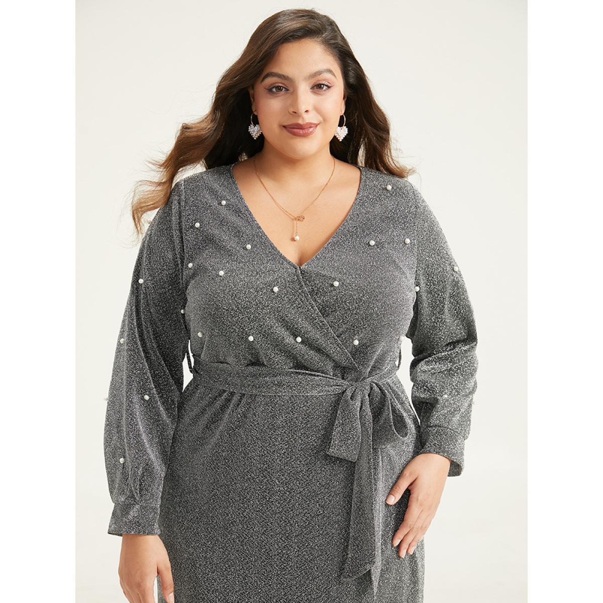 Plus Size V Neck Pearl Beaded Belted Dress DimGray Women Party Wrap Overlap Collar Long Sleeve Curvy Midi Dress BloomChic 28/5X Product Image