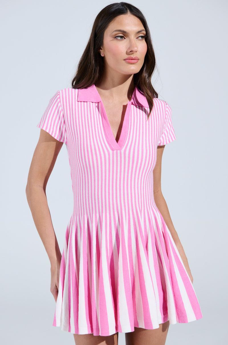 ALINA PLEATED KNIT FIT AND FLARE MINI DRESS IN PINK MULTI Product Image