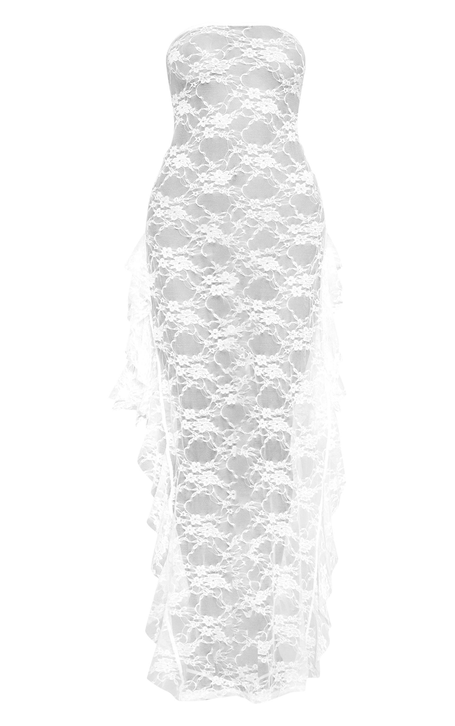 White Lace Bandeau Split Leg Frill Edge Maxi Dress Product Image