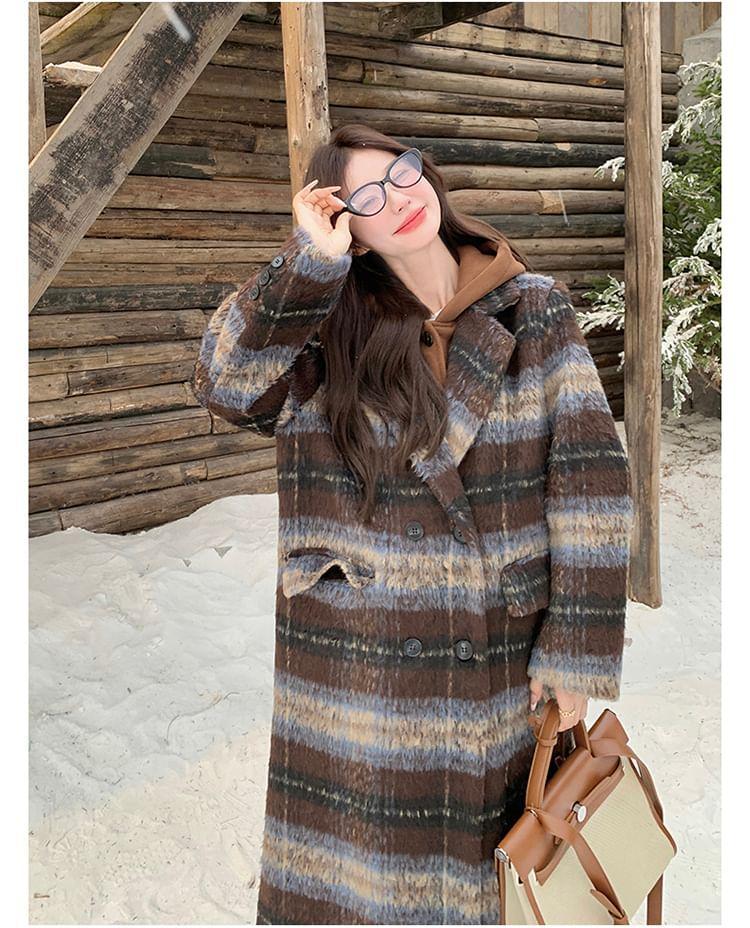 Plaid Hooded Mock Two-Piece Midi Double-Breasted Coat Product Image