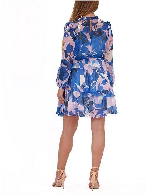 Julia Jordan Chiffon Floral Print Mock Neck Long Sleeve Waist Tie Belt Tiered A-Line Dress Product Image