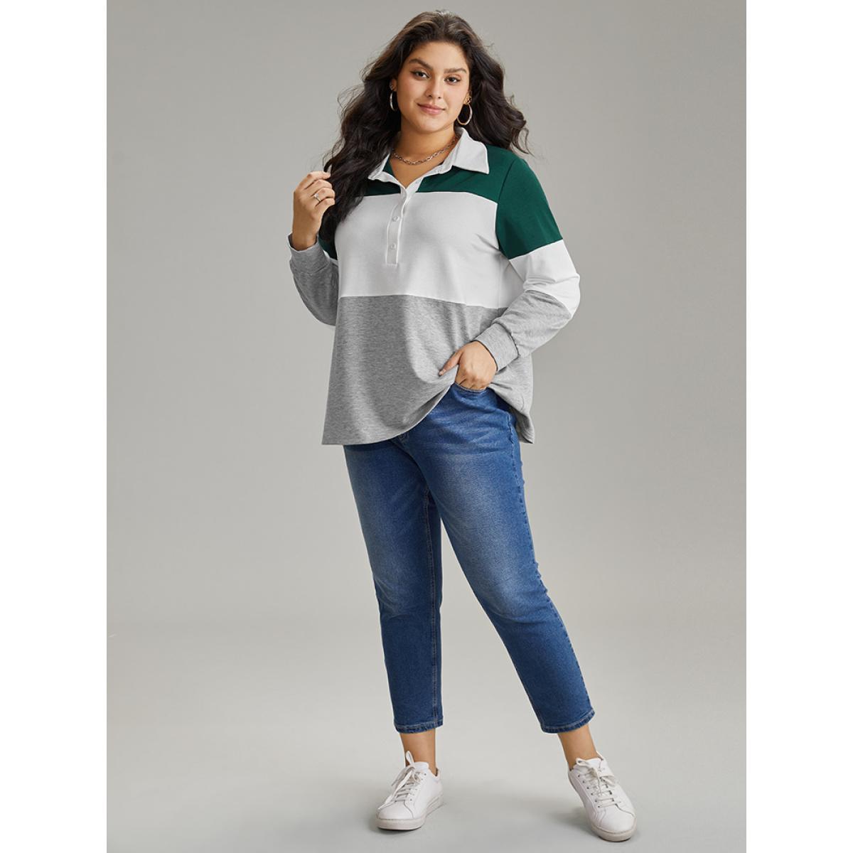 Plus Size Colorblock Contrast Button Up Polo Sweatshirt Women Multicolor Casual Contrast Polo Dailywear Sweatshirts BloomChic 28/5X Product Image
