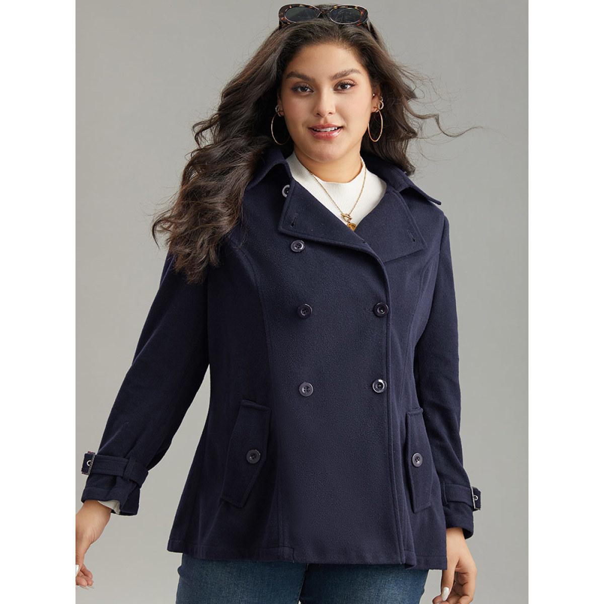 Plus Size Solid Buckle Detail Cuffs Lapel Collar Coat Women Midnight Casual Plain Ladies Everyday Winter Coats BloomChic 26/4X Product Image