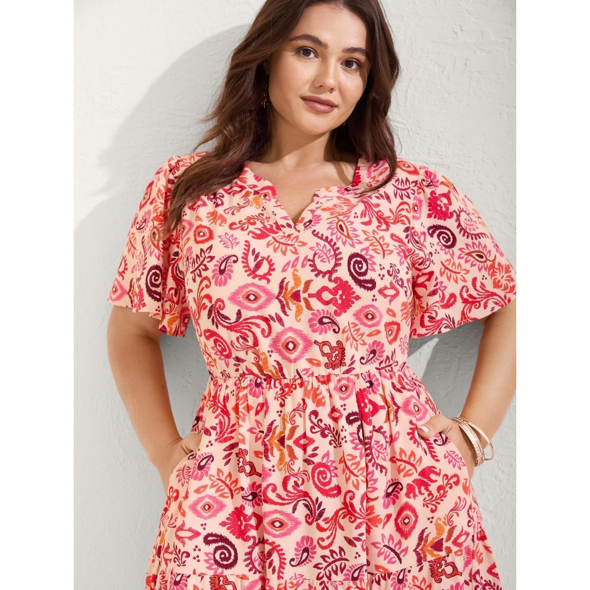 Plus Size Sweet Florals Notched Collar Midi Dress OrangeRed Women Gathered Flat collar Short sleeve Curvy BloomChic 30/6X Product Image