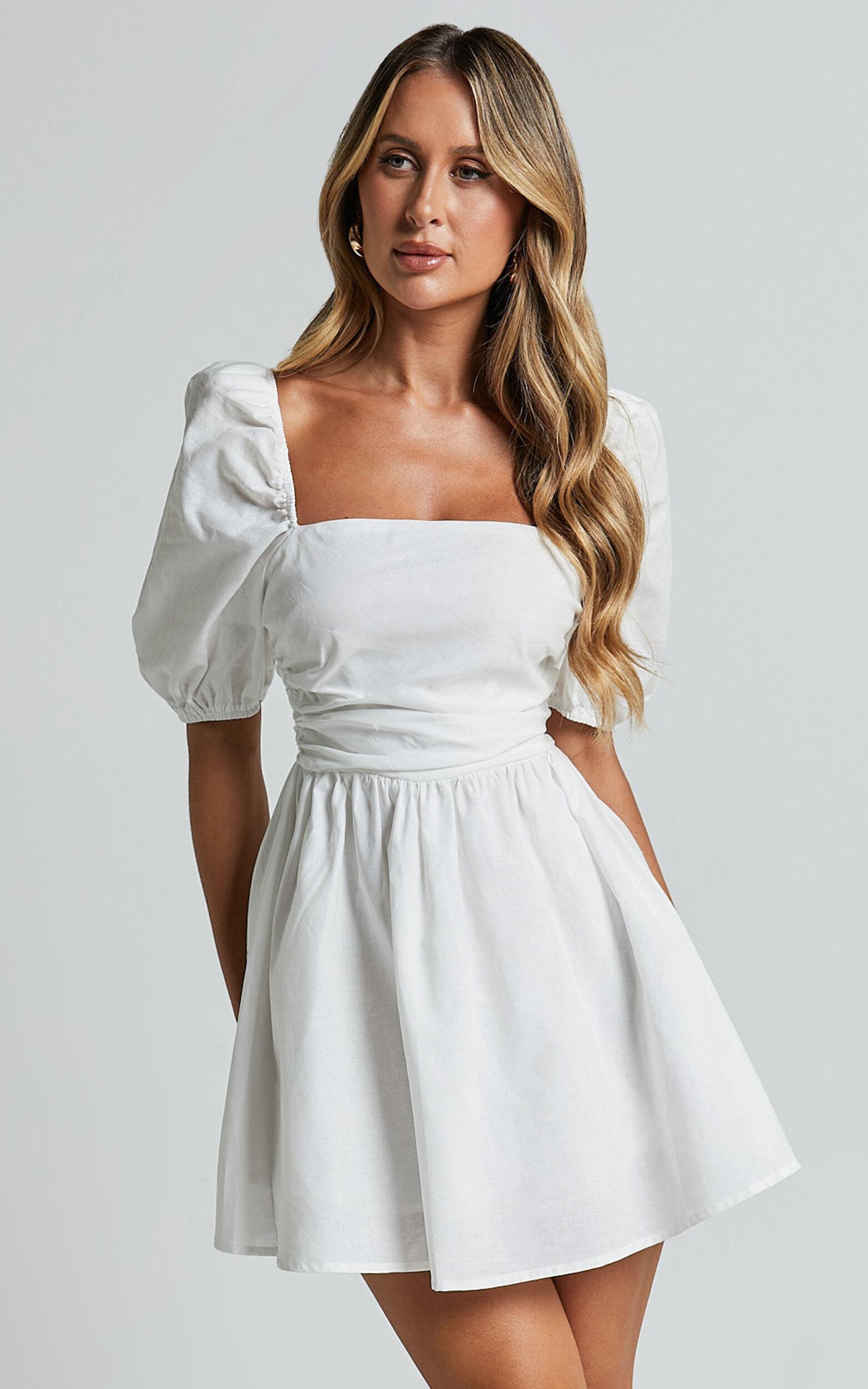 Claudina Mini Dress - Linen Look Puff Sleeve Ruched Bodice Dress in White Product Image