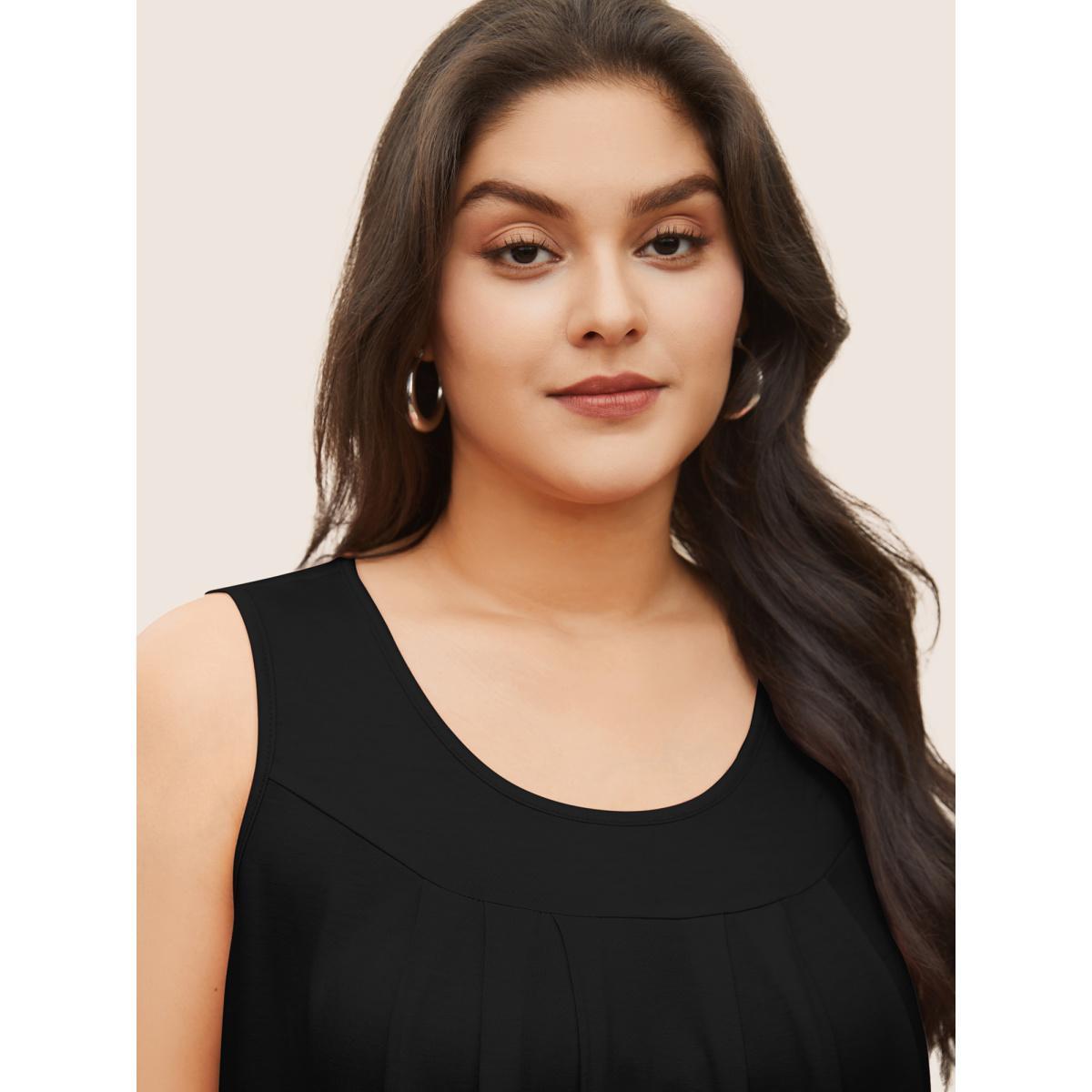 Plus Size Plain Round Neck Plicated Detail Tank Top Women Black Elegant Non U-neck Everyday Tank Tops Camis BloomChic 12/L Product Image