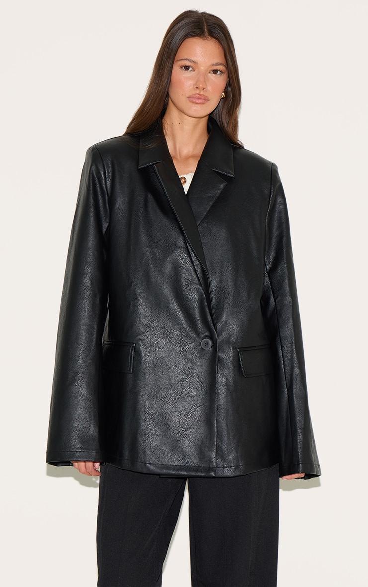  Black Distressed Faux Leather Blazer Product Image