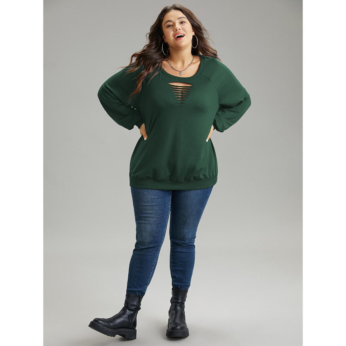 Plus Size Solid Rib Knit Cut Out Raglan Sleeve Sweatshirt Women Green Casual Rib Knit Keyhole Cut-Out Everyday Sweatshirts BloomChic 14-16/1X Product Image