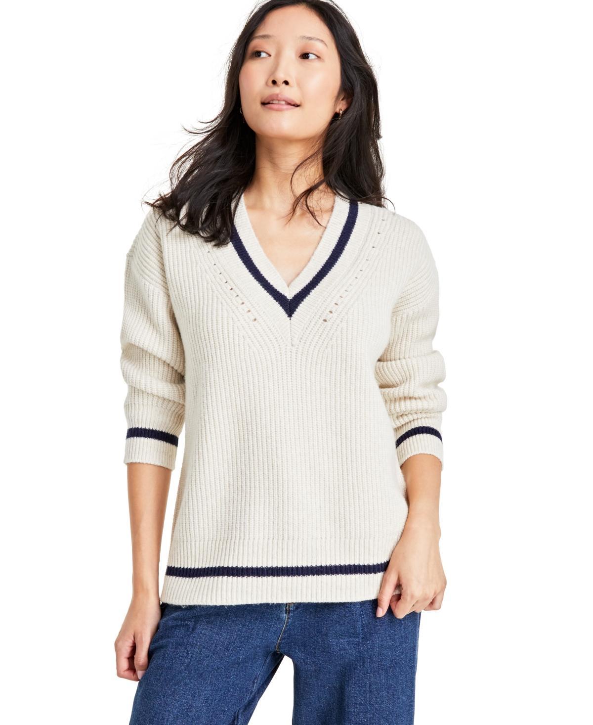 On 34th Womens Varsity-Stripe Ribbed V-Neck Sweater, Created for Macys Product Image
