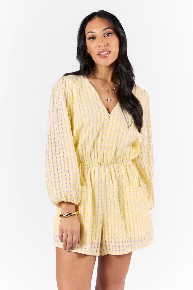 Set On You Yellow Gingham Long Sleeve Romper SALE Product Image