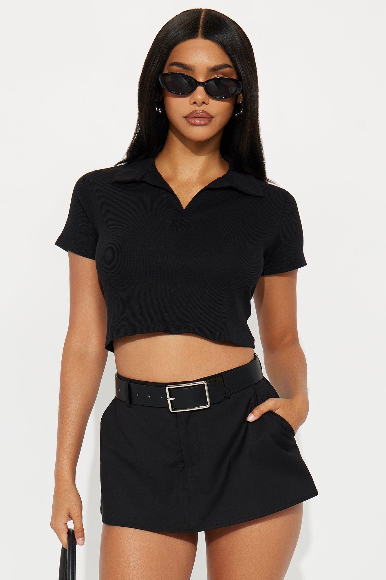 Jayla Cropped Short Sleeve Polo - Black Product Image