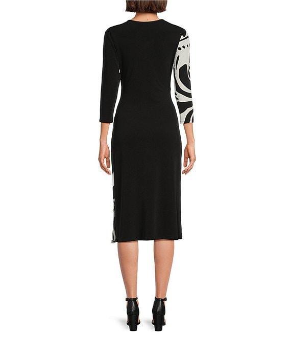 Eva Varro Abstract Print and Solid Combo Knit Jersey V-Neck 3/4 Sleeve Faux-Wrap Dress Product Image