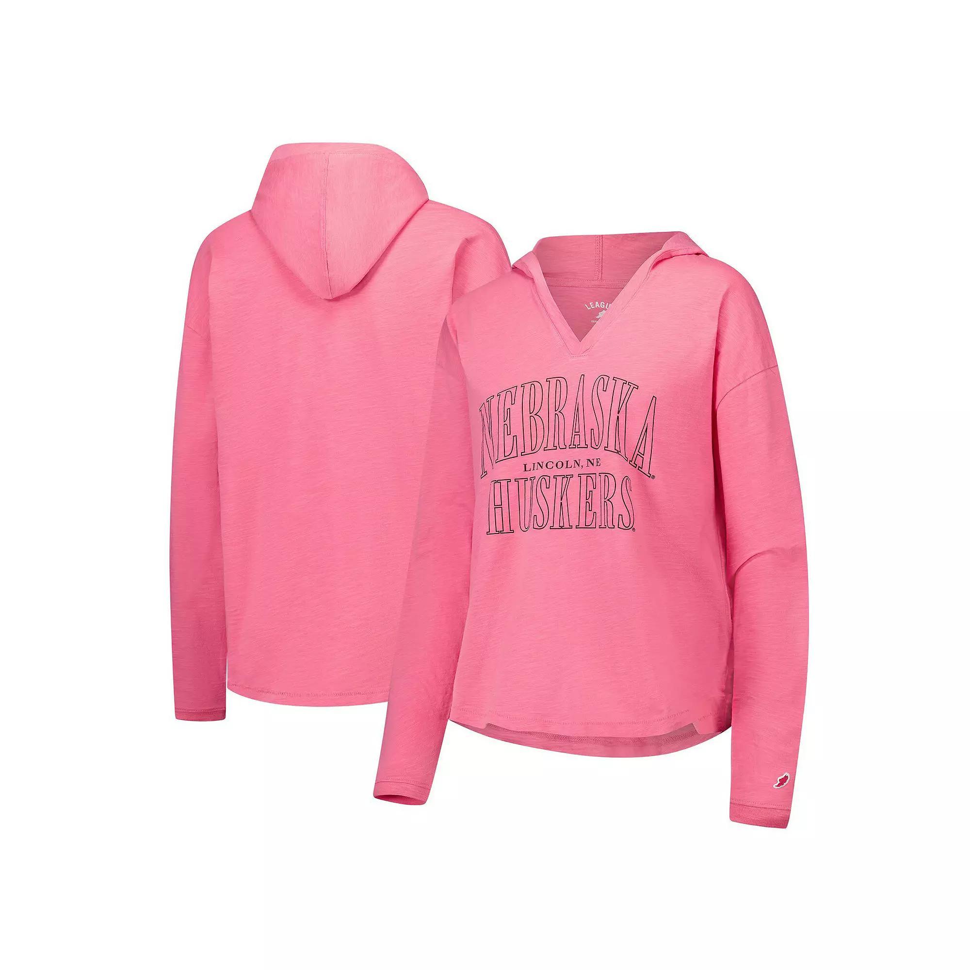 Women's League Collegiate Wear Pink Nebraska Huskers Slub Long Sleeve V-Neck Hoodie T-Shirt, Size: Large Product Image