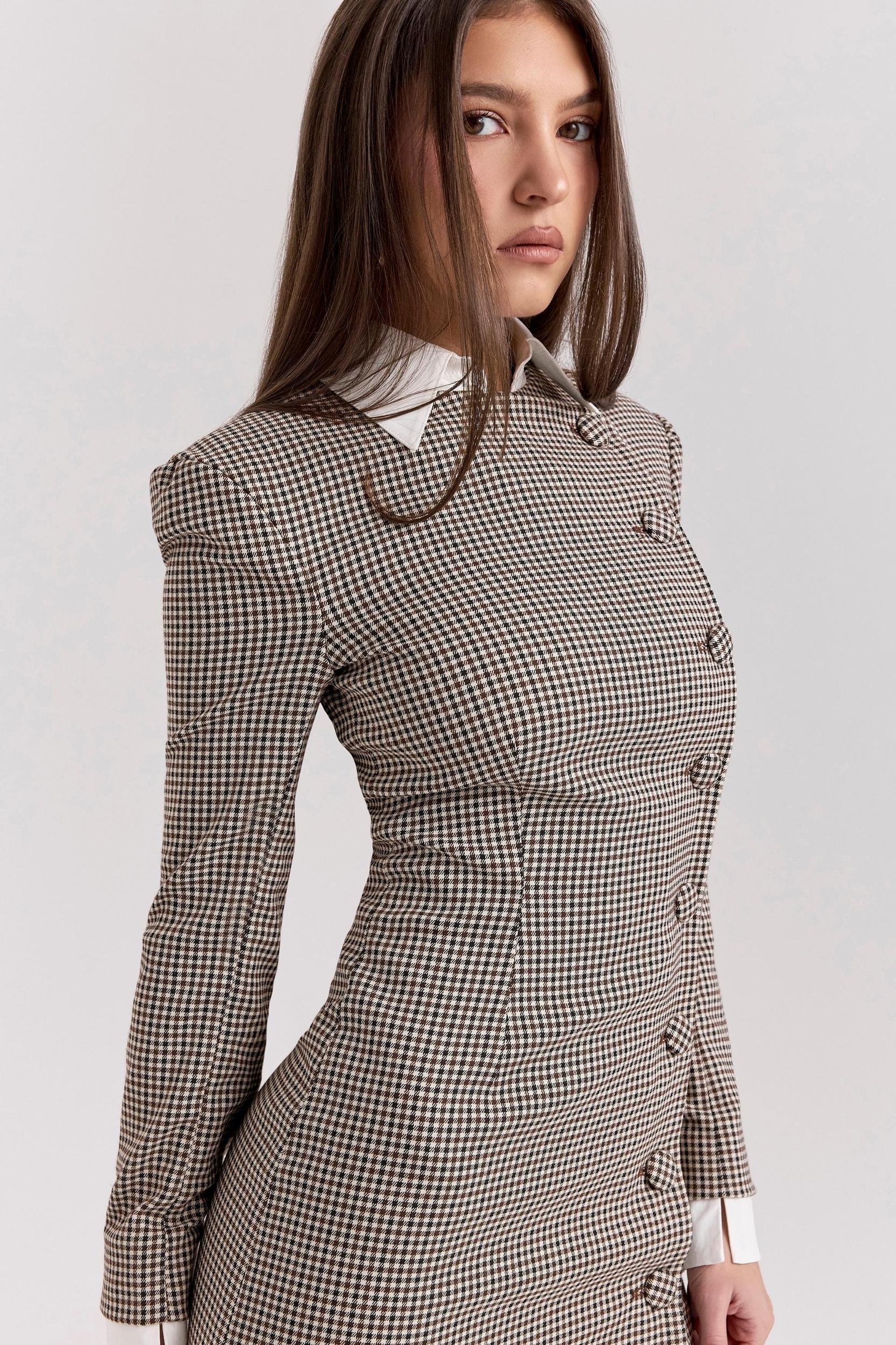 Leoni  brown puppytooth check bodycon mini dress Product Image