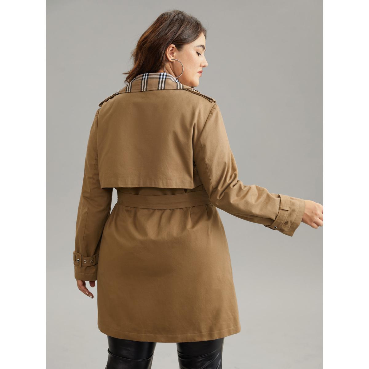 Plus Size Plaid Contrast Belted Double Breasted Coat Women Tan Elegant Lined Ladies Dailywear Winter Coats BloomChic 18-20/2X Product Image