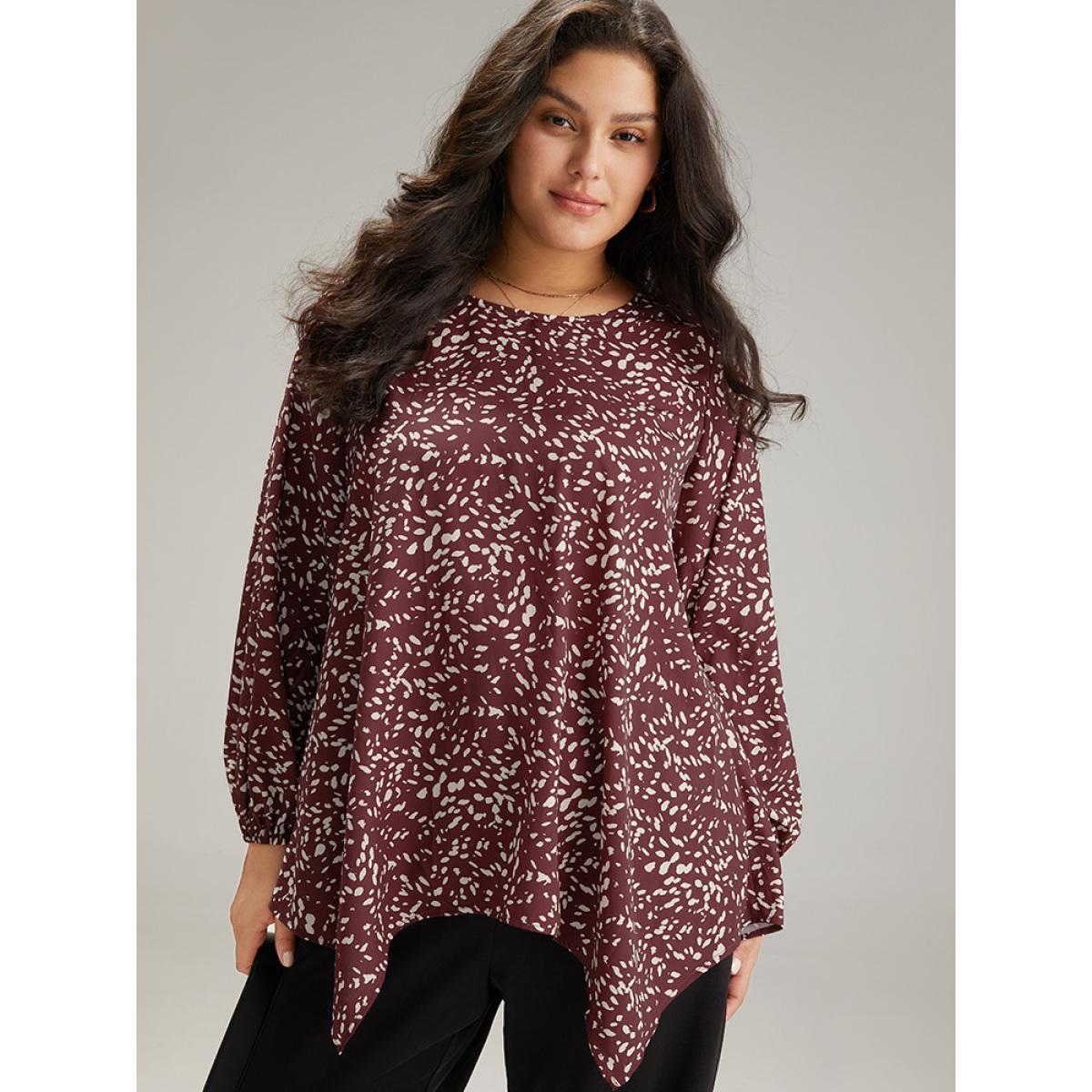 Plus Size Scarlet Water Drop Print Hanky Hem Blouse Women Office Long Sleeve Round Neck Work Blouses BloomChic 30/6X Product Image
