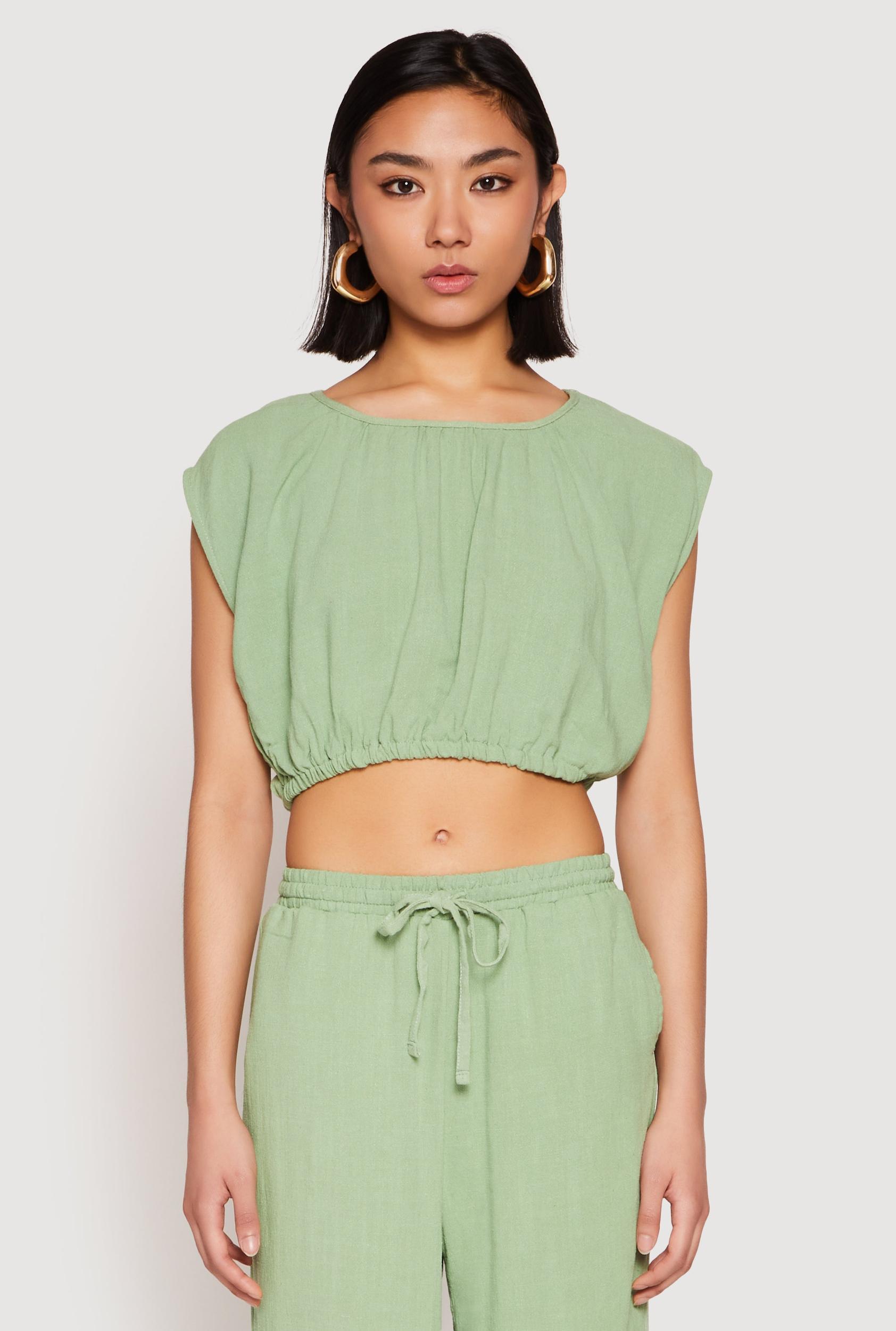 Womens Linen Ruched Elastic Hem Crop Top Product Image