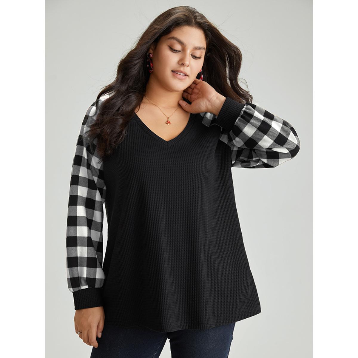 Plus Size Waffle Knit Plaid Patchwork Raglan Sleeve T-shirt BlackFlower Women Casual Waffle Knit Plaid V-neck Festival-Christmas T-shirts BloomChic 14-16/1X Product Image