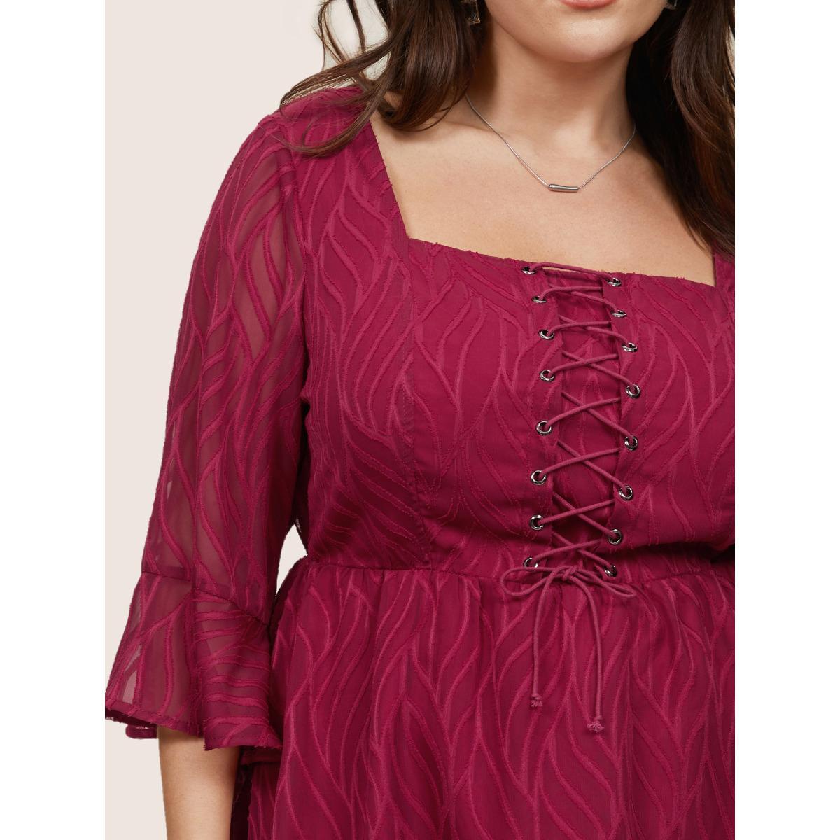 Plus Size Scarlet Chiffon Square Neck Lace Up Ruffles Blouse Women Elegant Elbow-length sleeve Square Neck Everyday Blouses BloomChic 28/5X Product Image
