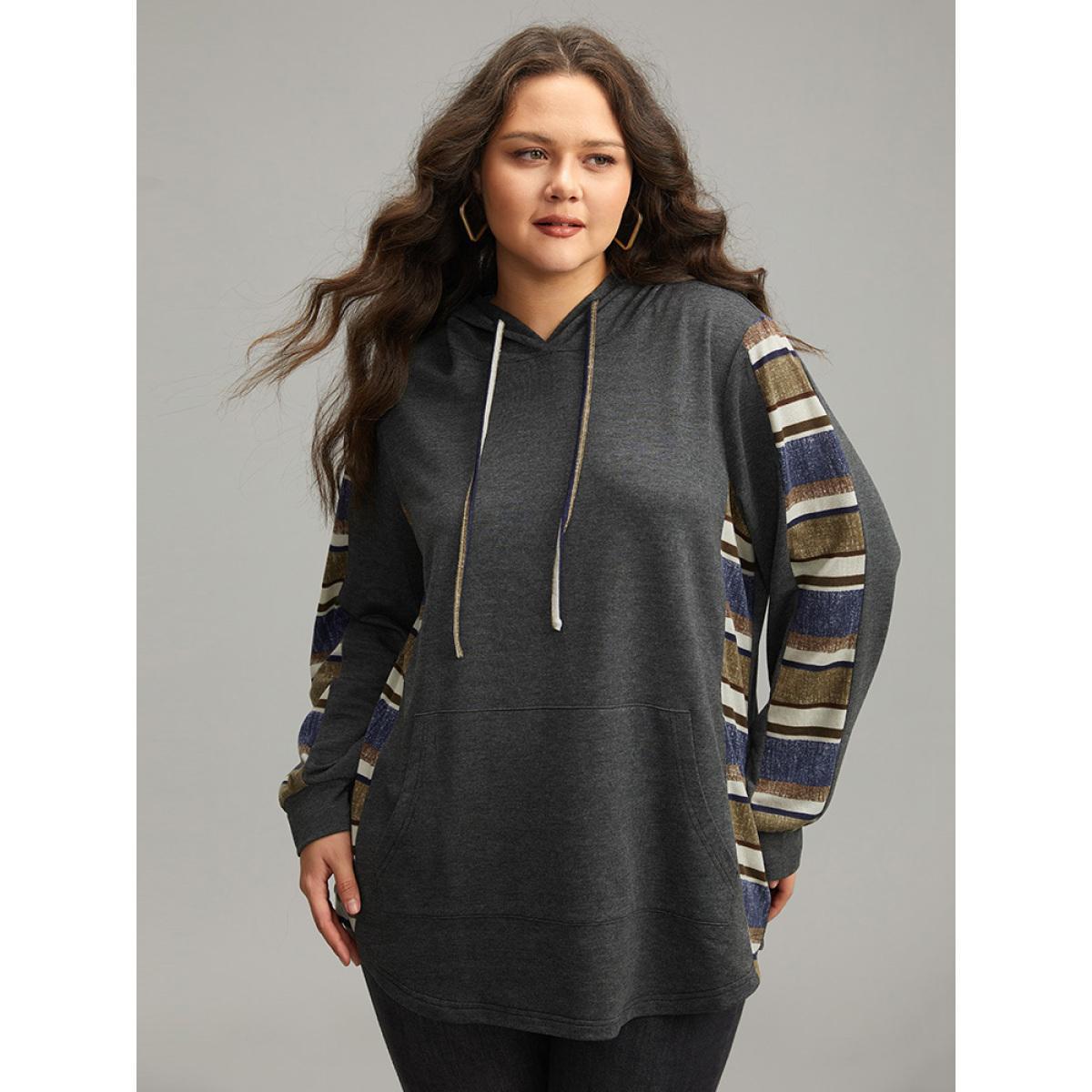 Plus Size Contrast Striped Hooded Ties Pocket Sweatshirt Women DimGray Casual Contrast Hooded Dailywear Sweatshirts BloomChic 22-24/3X Product Image