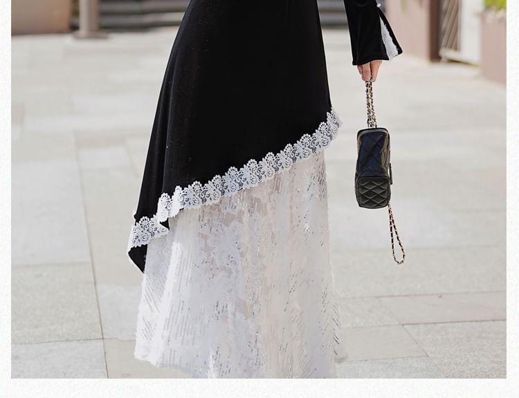 Long Sleeve Stand Collar Plain Lace Trim Midi A-Line Dress Product Image