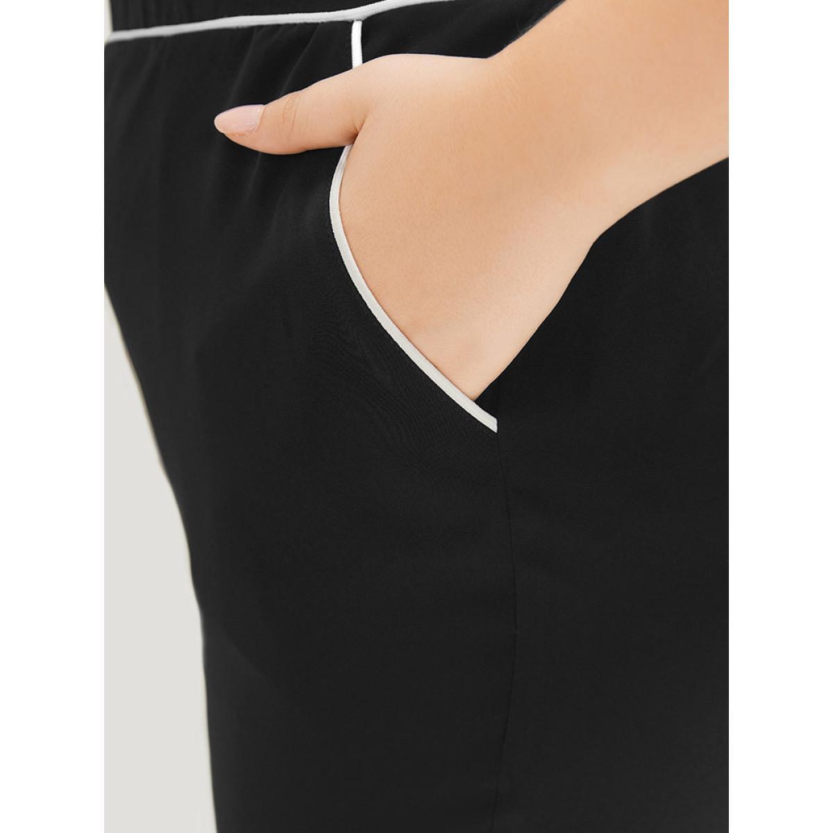 Plus Size Two Tone Seam Detail Pocket Elastic Waist Pants Women Black Office Straight Leg High Rise Work Pants BloomChic 14-16/1X Product Image
