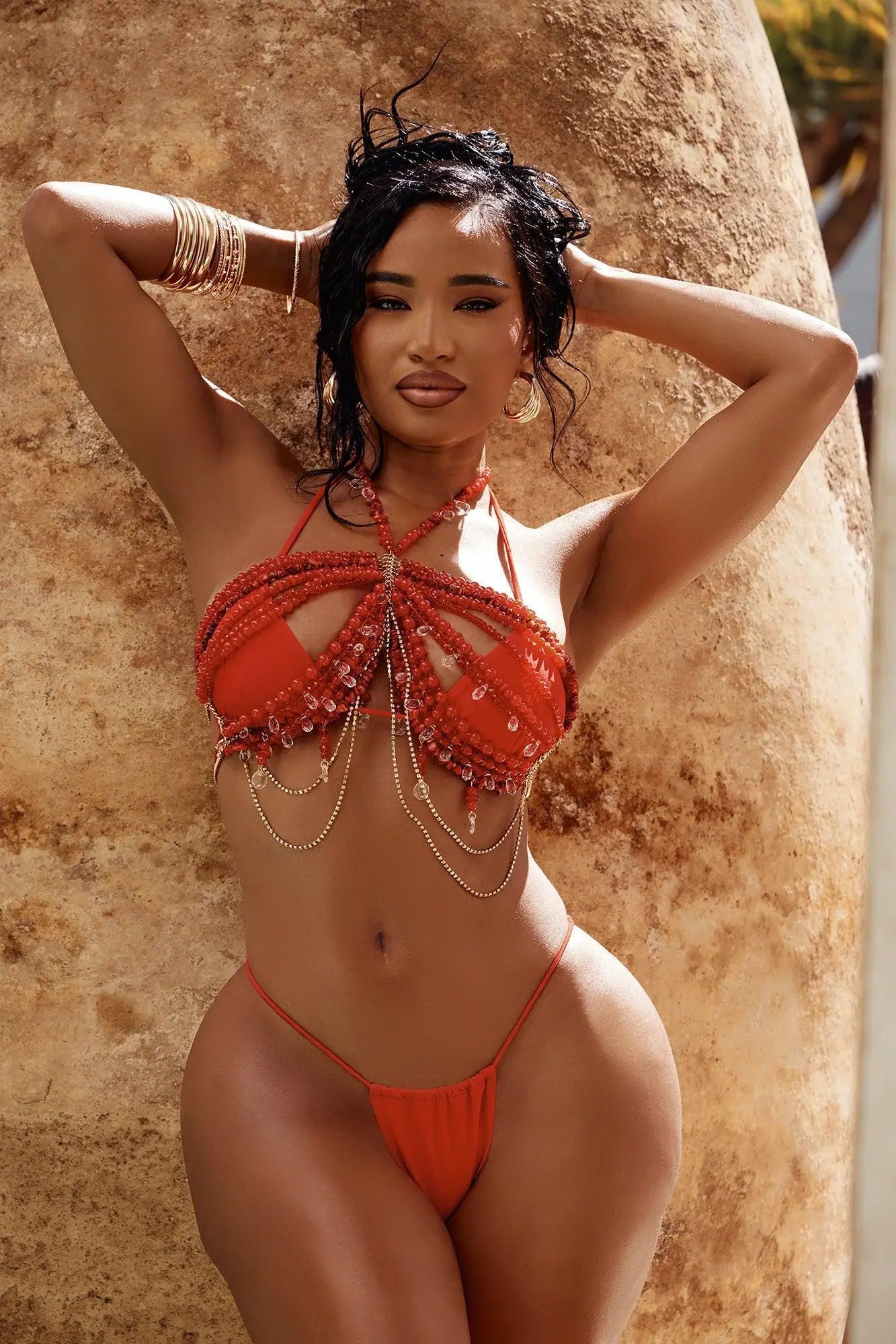 Summer Goddess Gemstones Beaded Body Chain 3 Piece Bikini Set - Red Product Image