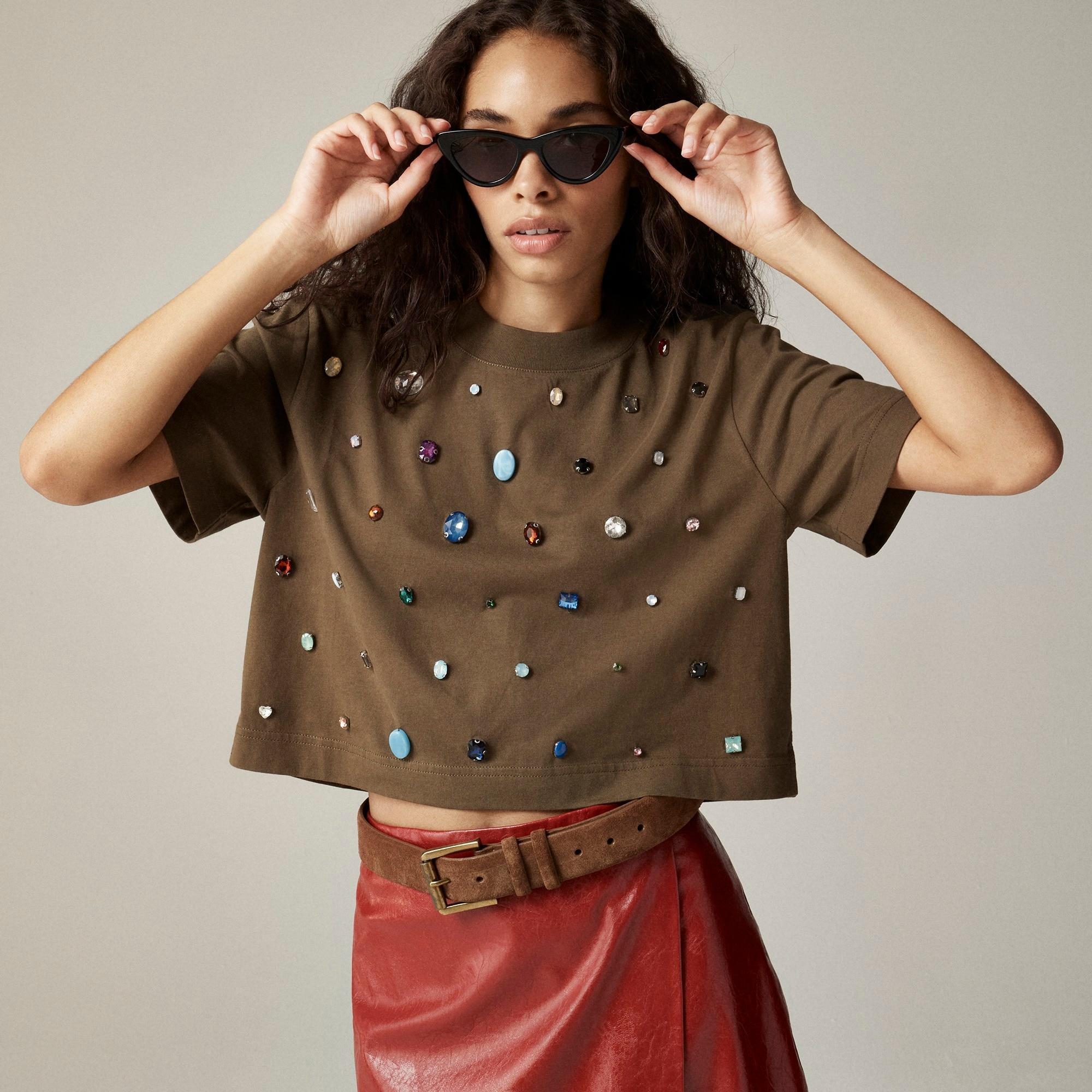 Heavy jersey cropped T-shirt with gemstones Product Image