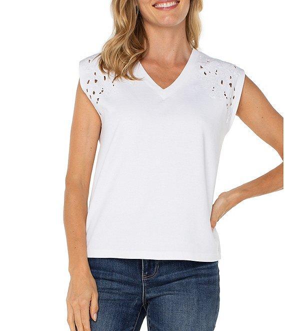 Liverpool Los Angeles Stretch Knit V-Neck Dolman Sleeve Embroidered Top Product Image