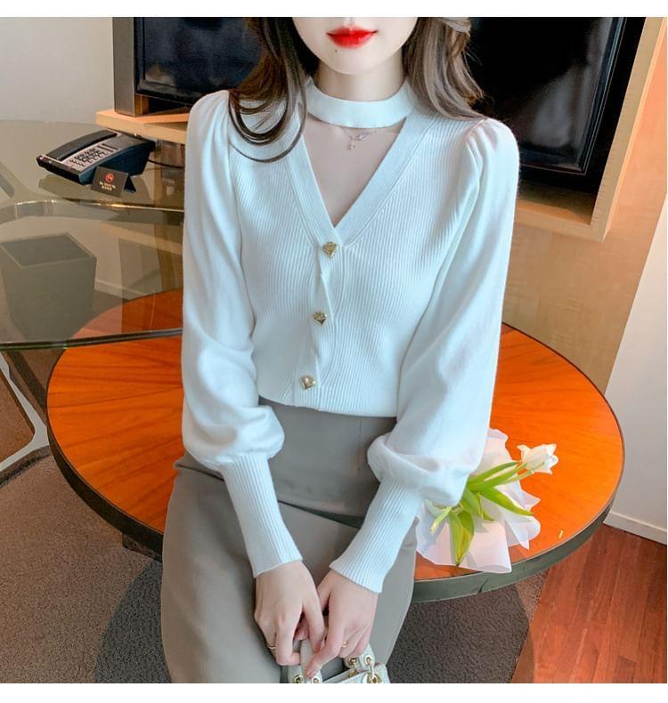 Long-Sleeve Halter Plain Cutout Heart Button Ribbed Knit Top Product Image