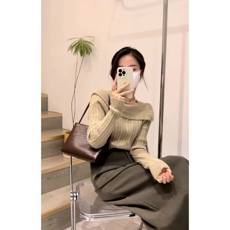 Set: Long-Sleeve Square-Neck Plain Ribbed Knit Top + High Waist Wrap Midi A-Line Skirt Product Image