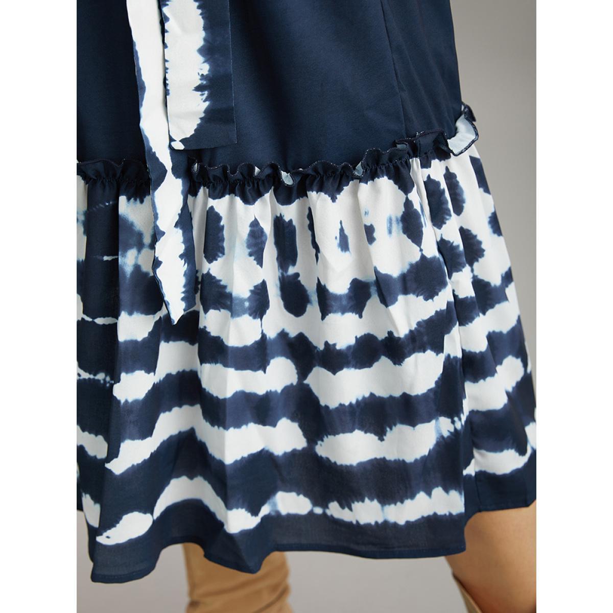 Plus Size Tie Dye Gathered Belted Lantern Sleeve Dress DarkBlue Women Vacation Elastic cuffs Round Neck Elbow-length sleeve Curvy Midi Dress BloomChic 14-16/1X Product Image