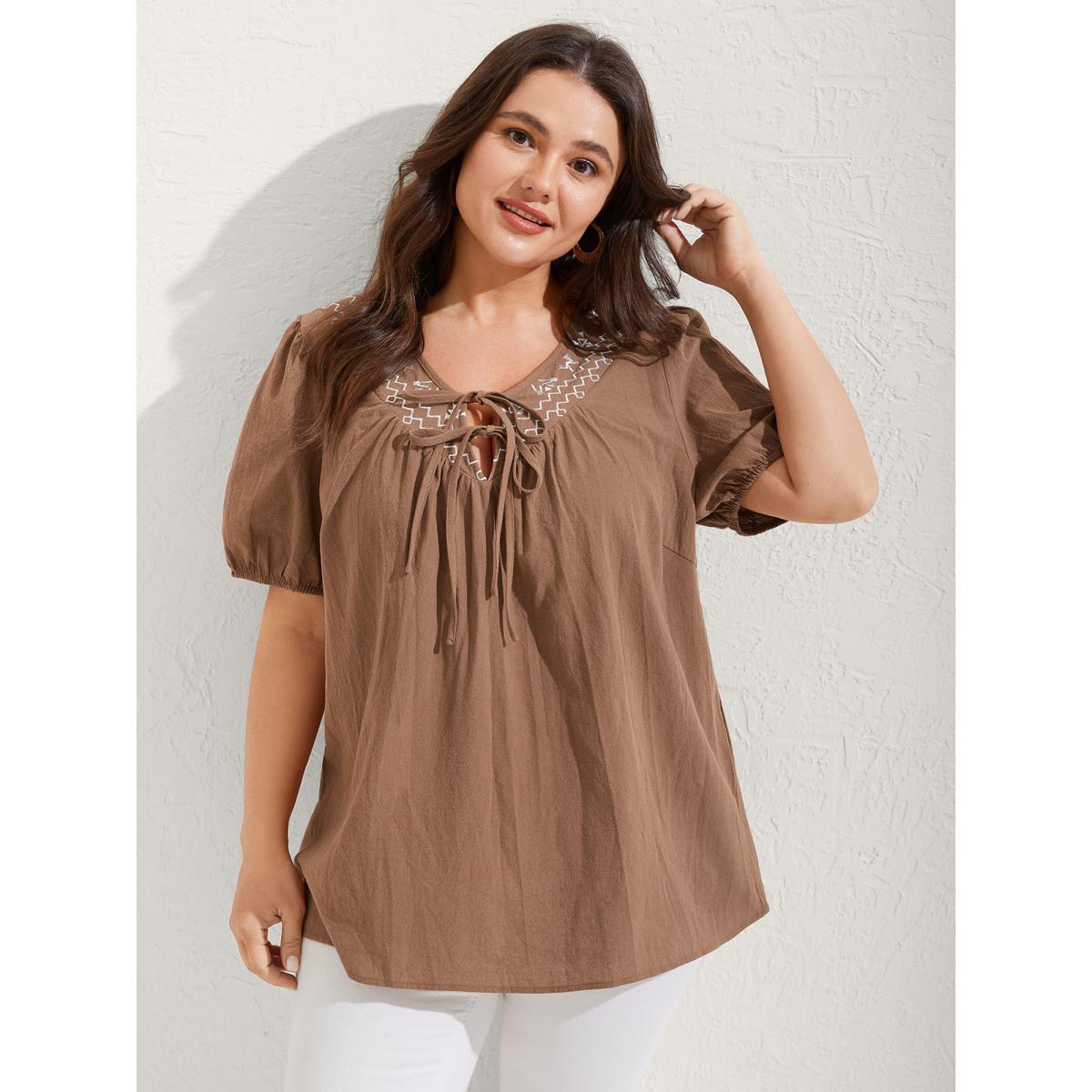 Plus Size Bronze Pure Cotton Embroidered Neck Blouse Women Short sleeve V-neck Vacation Blouses BloomChic 18-20/2X Product Image
