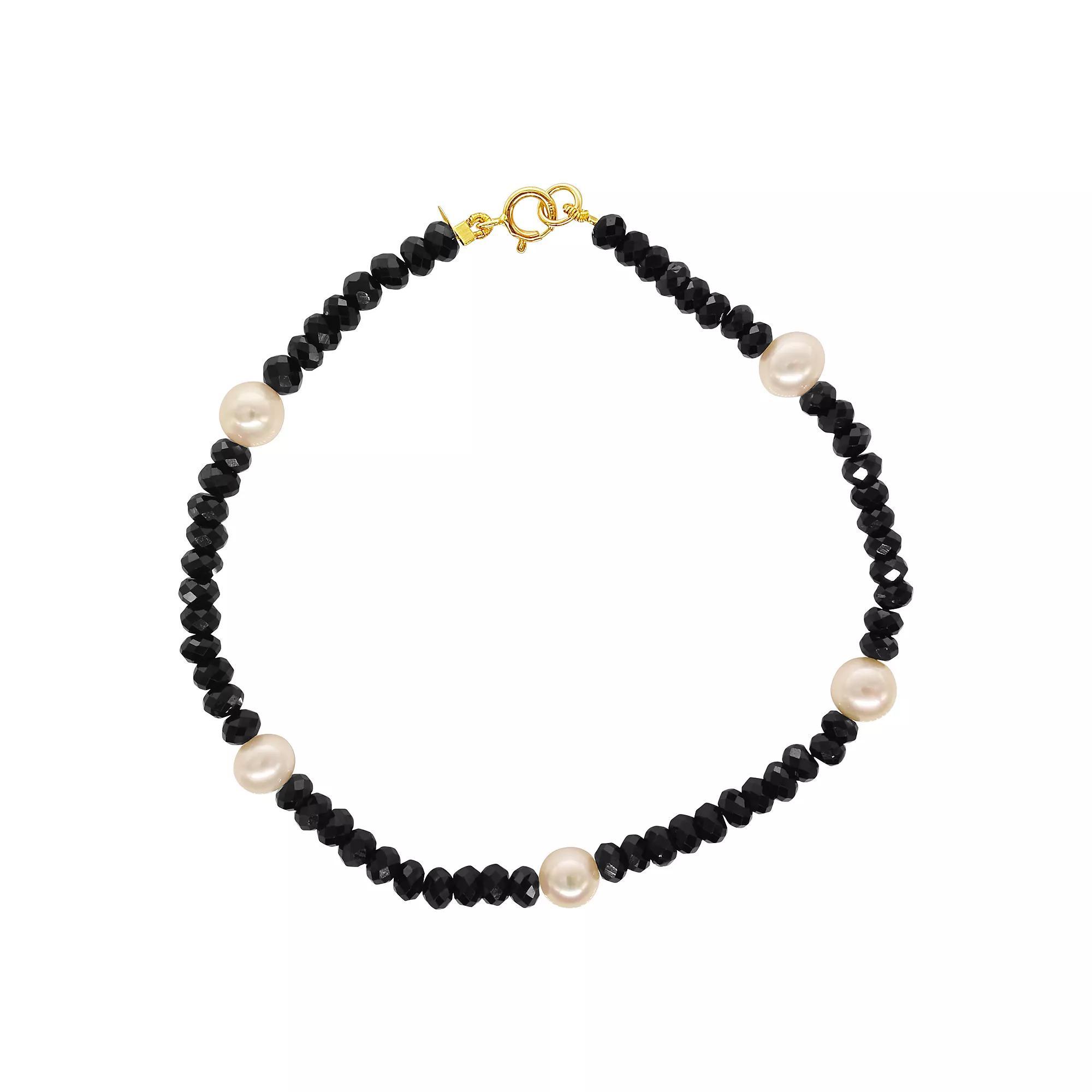 Jewelmak 14k Gold Black Spinel & White Freshwater Cultured Pearl Bracelet, Womens Product Image
