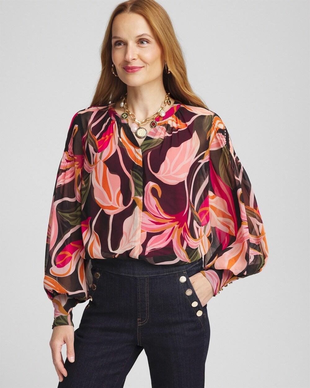 Pintuck Sleeve Orchid Print Blouse Product Image
