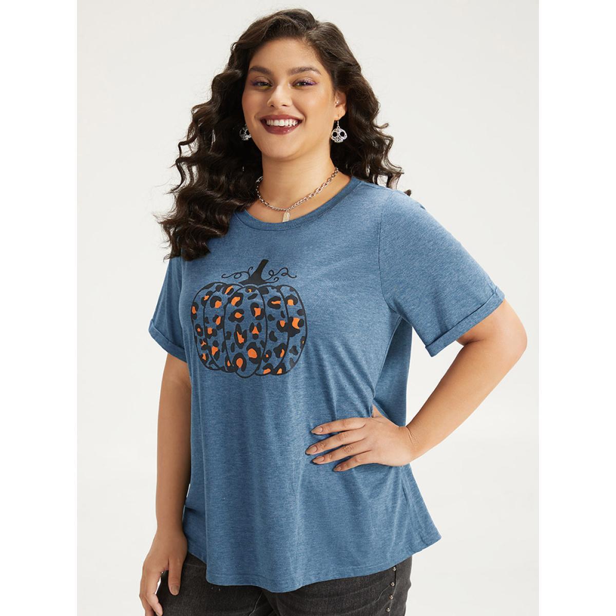 Plus Size Halloween Pumpkin Print Crew Neck T-shirt Cerulean Women Casual Printed Halloween Dailywear T-shirts BloomChic 18-20/2X Product Image