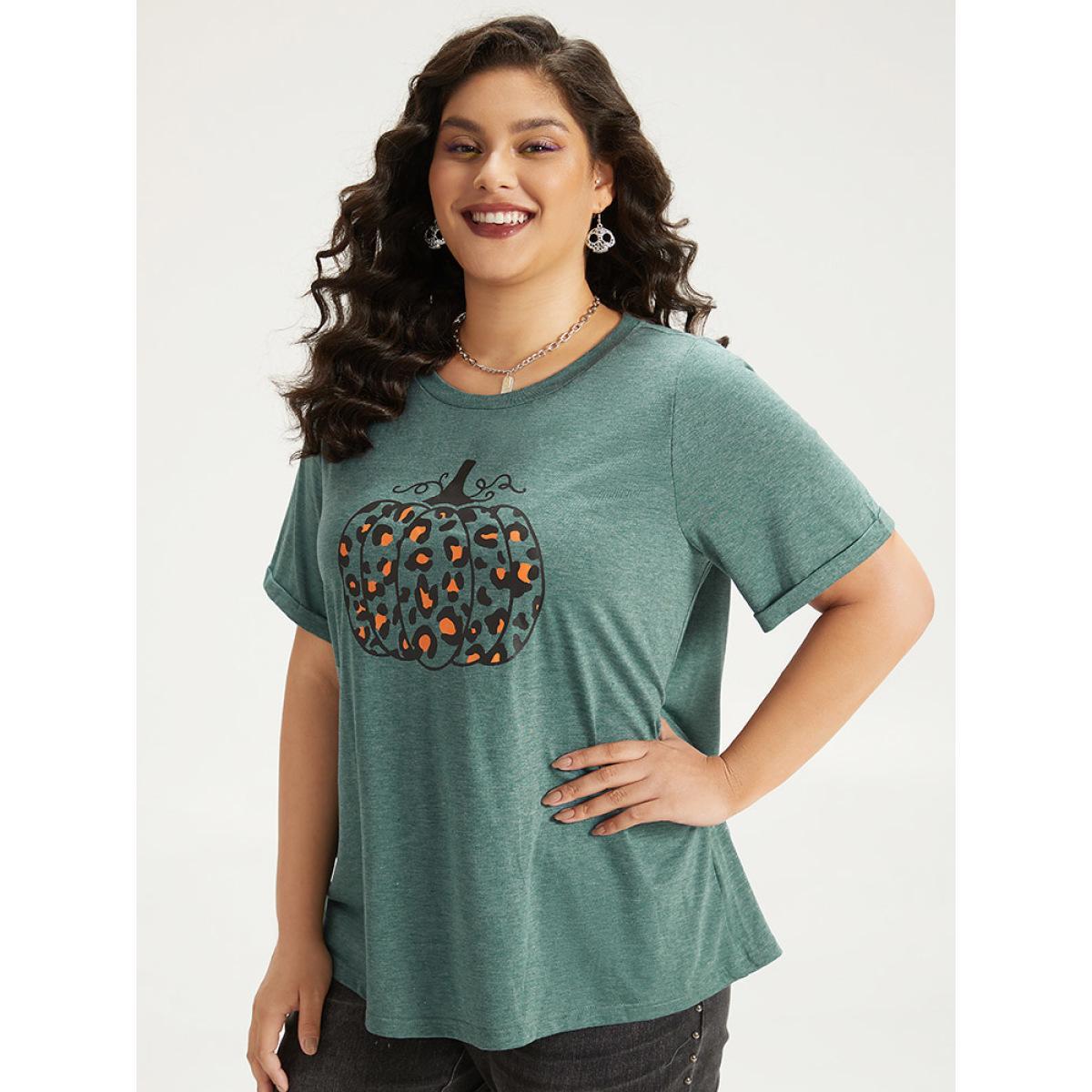 Plus Size Halloween Pumpkin Print Crew Neck T-shirt DarkGreen Women Casual Printed Halloween Dailywear T-shirts BloomChic 14-16/1X Product Image