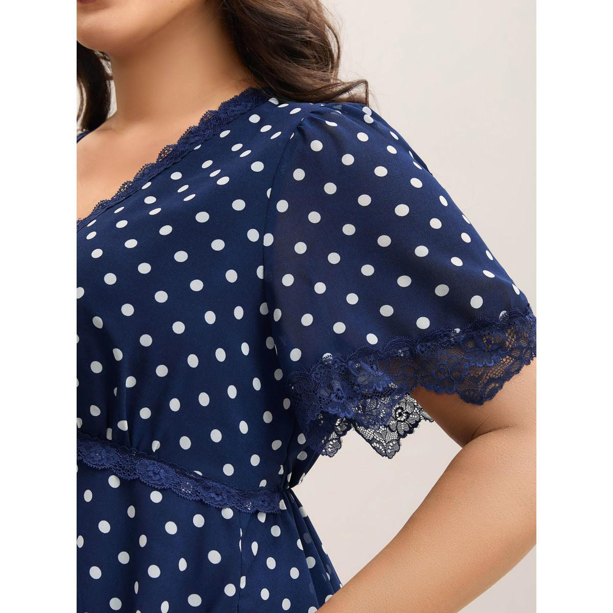Plus Size Chiffon Polka Dot Print Pockets Midi Dress DarkBlue Women Elegant V-neck Short sleeve Curvy BloomChic 28/5X Product Image