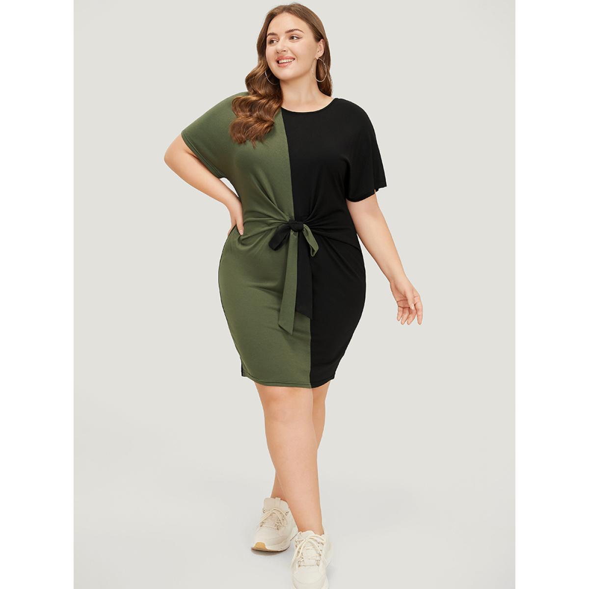 Plus Size Two Tone Batwing Sleeve Knot Front Dress ArmyGreen Women Casual Contrast Round Neck Short sleeve Curvy Knee Dress BloomChic 28/5X Product Image